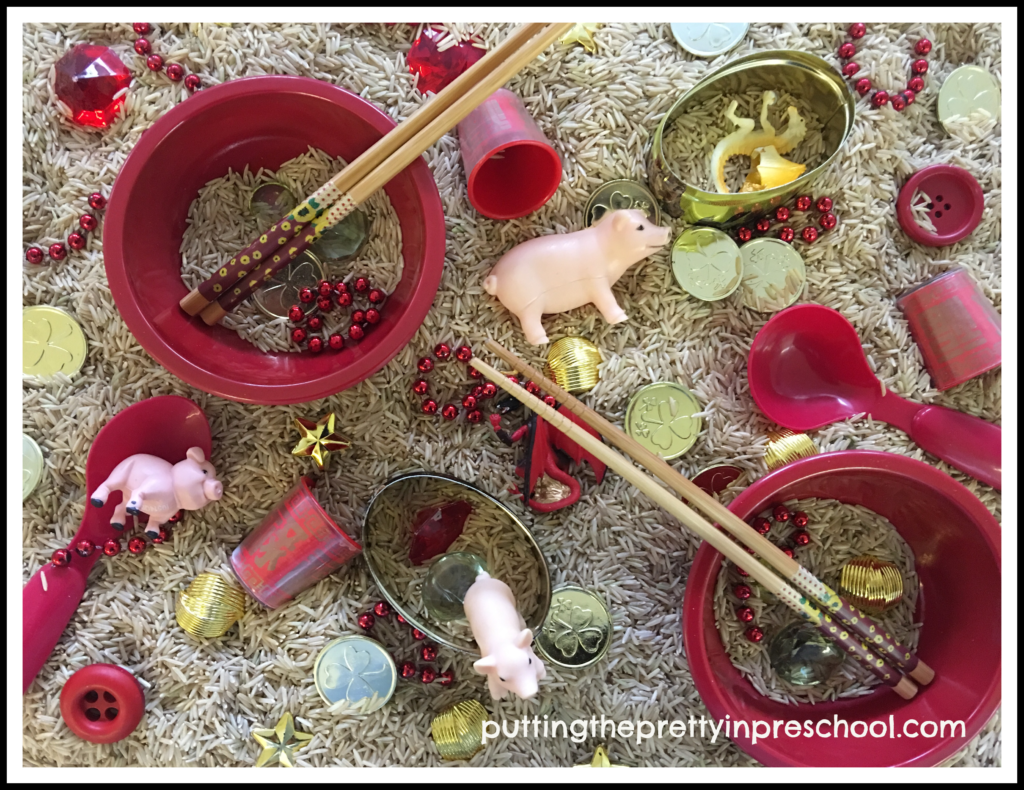 A Chinese New Year 2019 rice sensory bin.