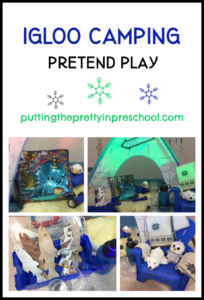 Igloo camping center with fur, sequins, fishing gear, and polar animals. Pretend play winter theme.
