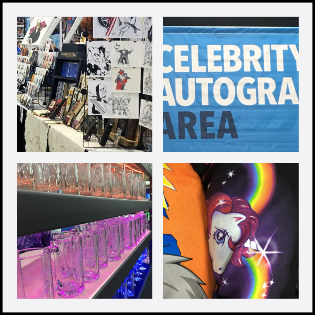 Pictures of booths and merchandise set up at a Comic And Entertainment Expo.