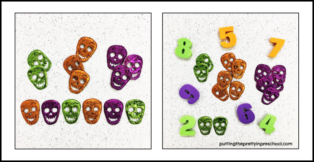 Glitter skulls used for counting, sorting, and patterning activities.