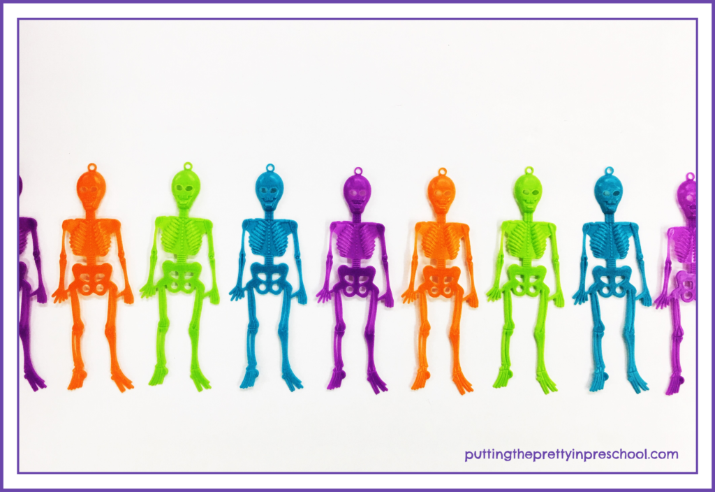 Neon plastic skeleton party favors are perfect for making patterns.