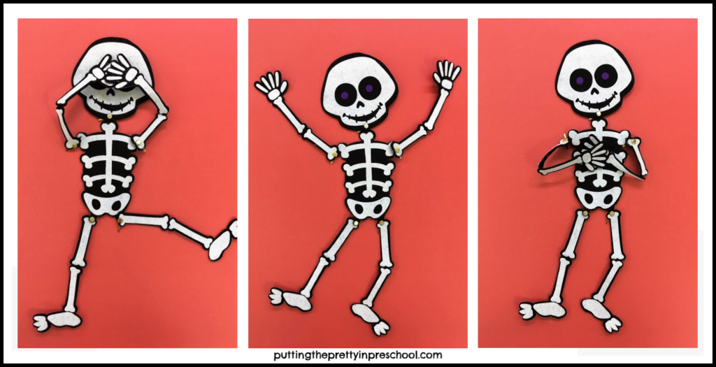 Adorable skeletons with movable limbs put in poses to create different expressions.
