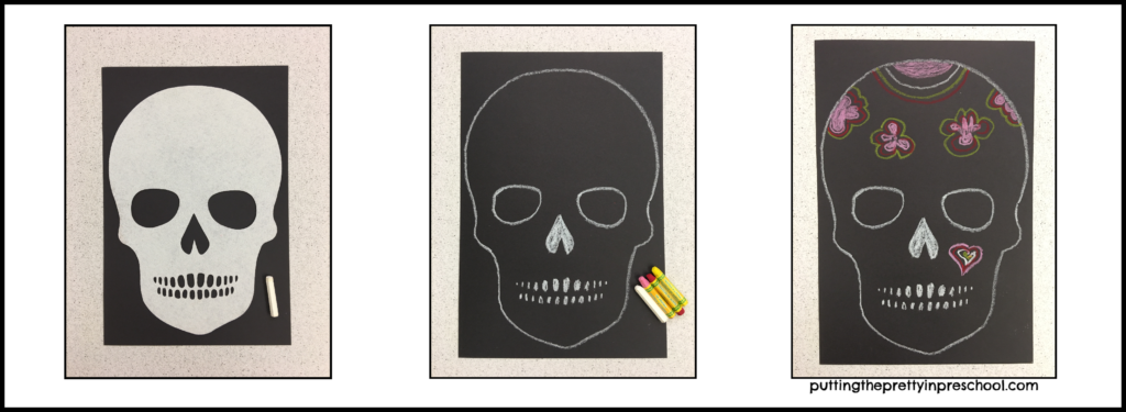 Traced skull activity using a large piece of paper, jumbo felt skull, and padstel crayons.