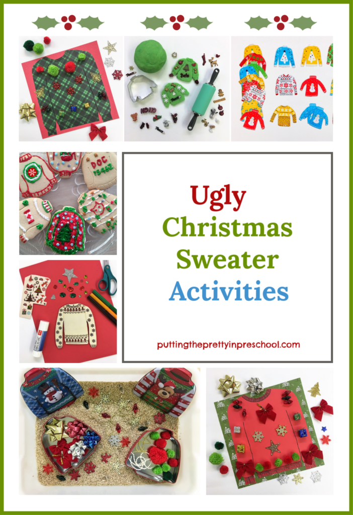 Ugly Christmas sweater activities for young children and their families. Art, sensory, playdough, games, and cookie making.