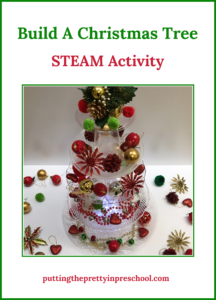 Invitation to build a Christmas tree from clear plastic serving trays, plates, and cups, A family STEAM activity with many opportunities for learning.