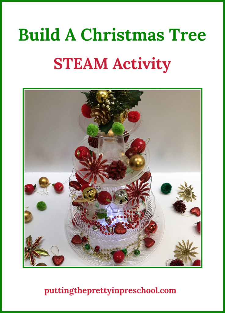 Invitation to build a Christmas tree from clear plastic serving trays, plates, and cups. Decorations and lights embellish the tree. A family STEAM activity with many opportunities for learning.