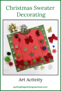 Station to decorate a paper Christmas sweater with seasonal craft supplies. This could be a reusable table activity or craft to take home.