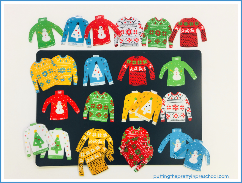 Ugly Christmas sweater placemat matching game.