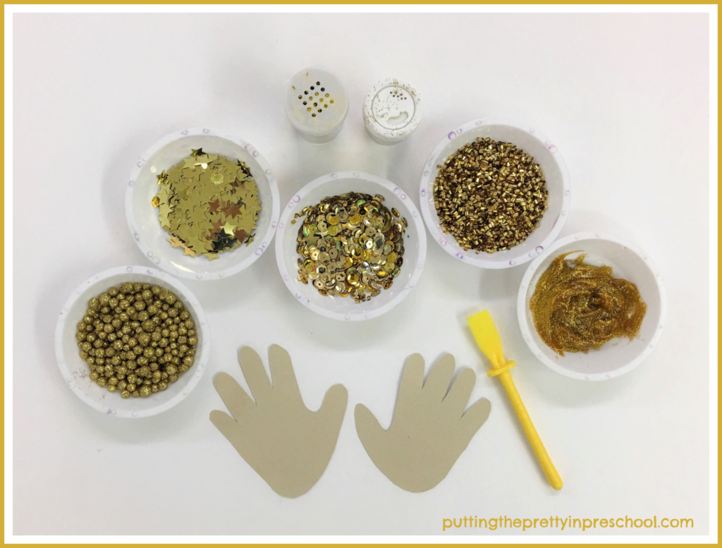 Decorate handprints with glitter glue and gold stars, sequins, confetti, and glitter. A collage activity for all ages.