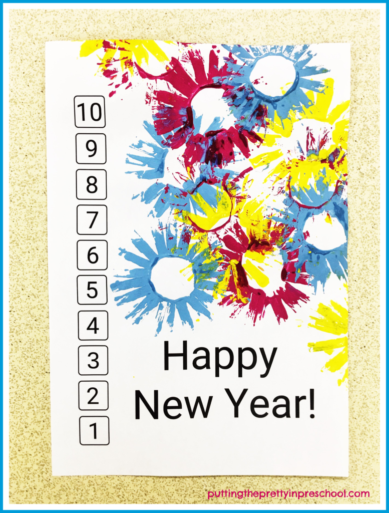 A paper roll and paint art activity to ring in the new year with. Introduce this activity with your early learners using this Happy New Year printable. Incorporate math by having children count down from 10 to 1 and match numbers by adding numerical stickers.