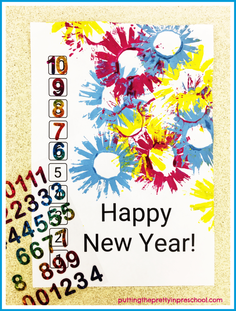 A paper roll and paint art activity to ring in the new year with. Introduce this activity with your early learners using this Happy New Year printable. Incorporate math by having children count down from 10 to 1 and match numbers by adding numerical stickers.