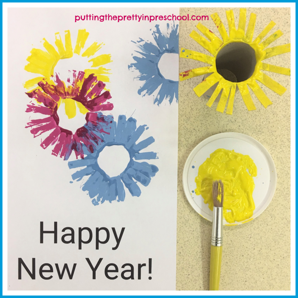 Toilet paper roll firework paint prints. For added control, paint the fringes of the paper roll and press onto the Happy New Year printable to create fireworks.