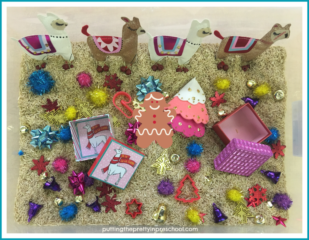 Llama themed sensory bin inspired by the picture book 'Llama, Llama Holiday Drama' by Anna Dewdney.