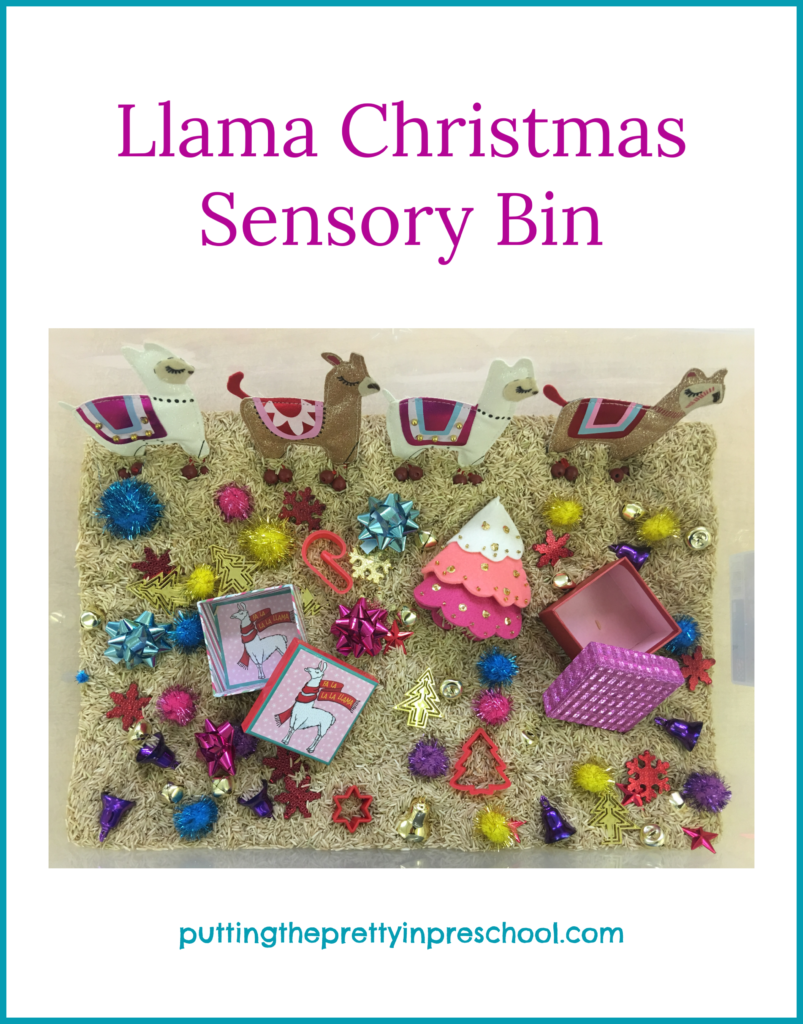 Llama themed sensory bin inspired by the picture book "Llama, Llama Holiday Drama" by Anna Dewdney.