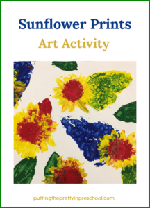 Paint prints with sunflowers. Tempera paint and primary colors used with leaves and heads of sunflowers.