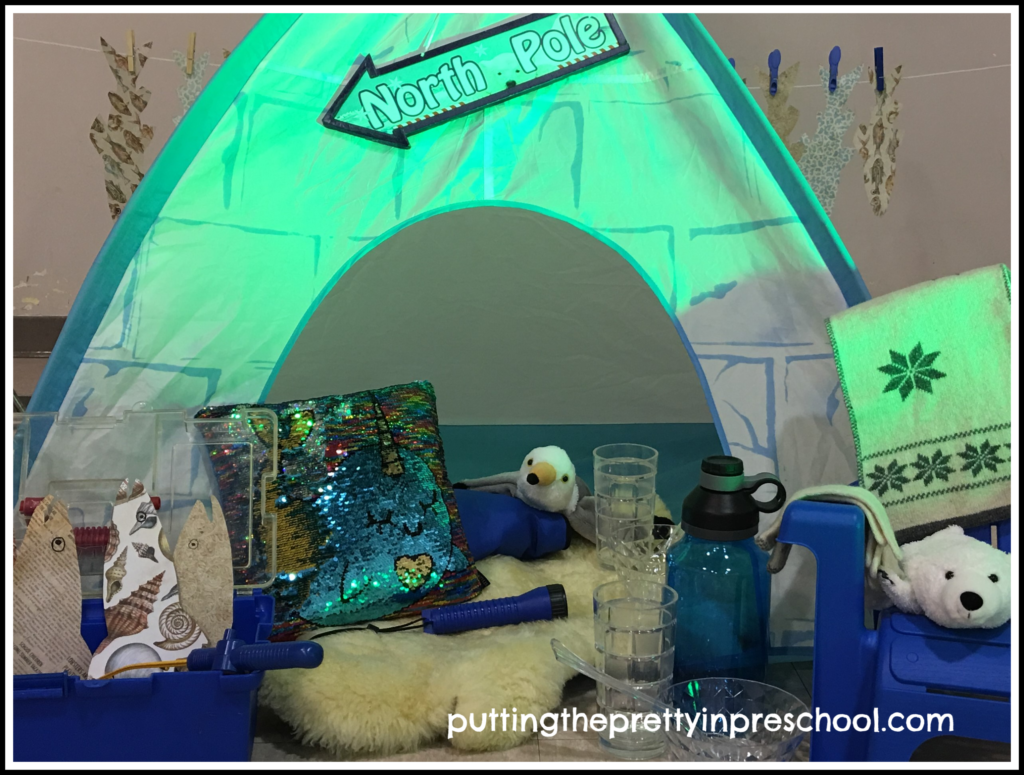 Igloo camping center with fur, sequins, fishing gear, and polar animals. Pretend play winter theme.