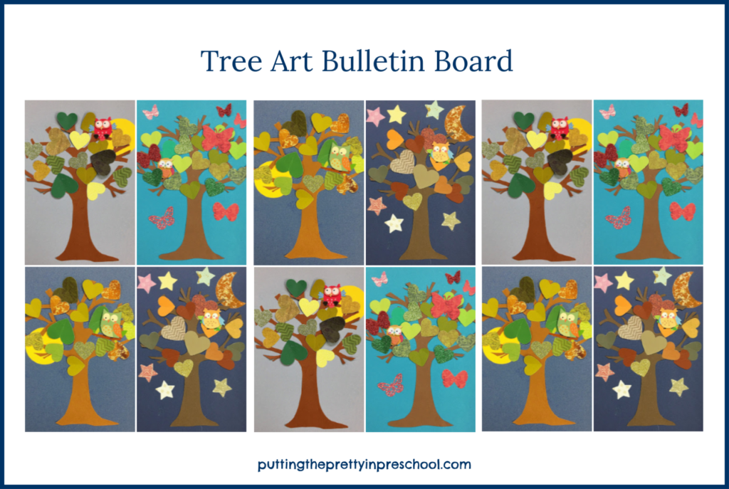 Tree art projects arranged in a mosaic pattern on a bulletin board.