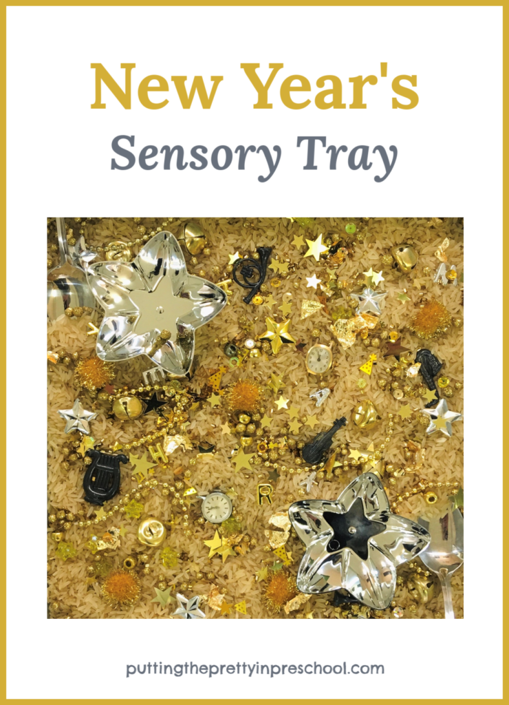 New Year's sensory tray with gold and silver pieces. Two watch heads are the highlights. This tray offers math, language and sensory opportunities for learning.