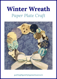 Winter wreath craft made from a paper plate and recycled cards. A low-cost art project suitable for all ages to do.