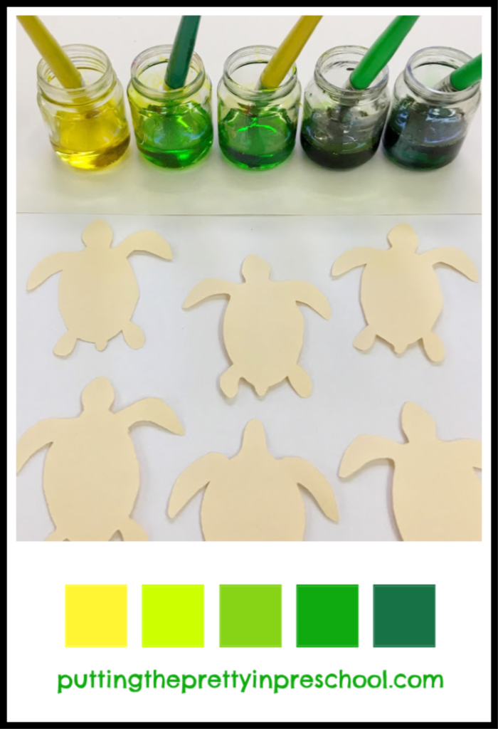 White corn syrup paint colors and turtle hatchling tagboard shapes. An all-ages painting activity.