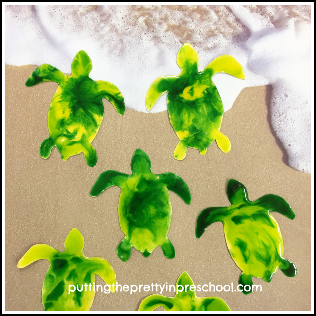 Shiny corn syrup painting on green sea turtle hatchlings.