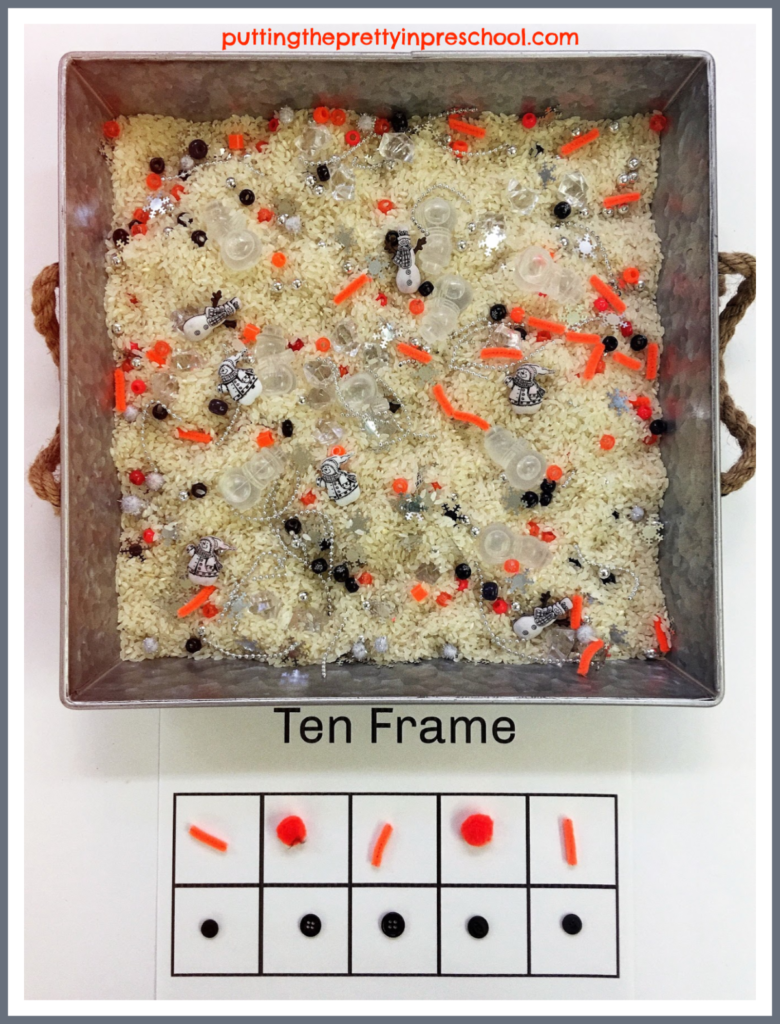 Snowman themed ten frame activity using rice bin supplies. Snowmen buttons and ice cubes with loose parts sprinkled in are ready to count in this math prompt.
