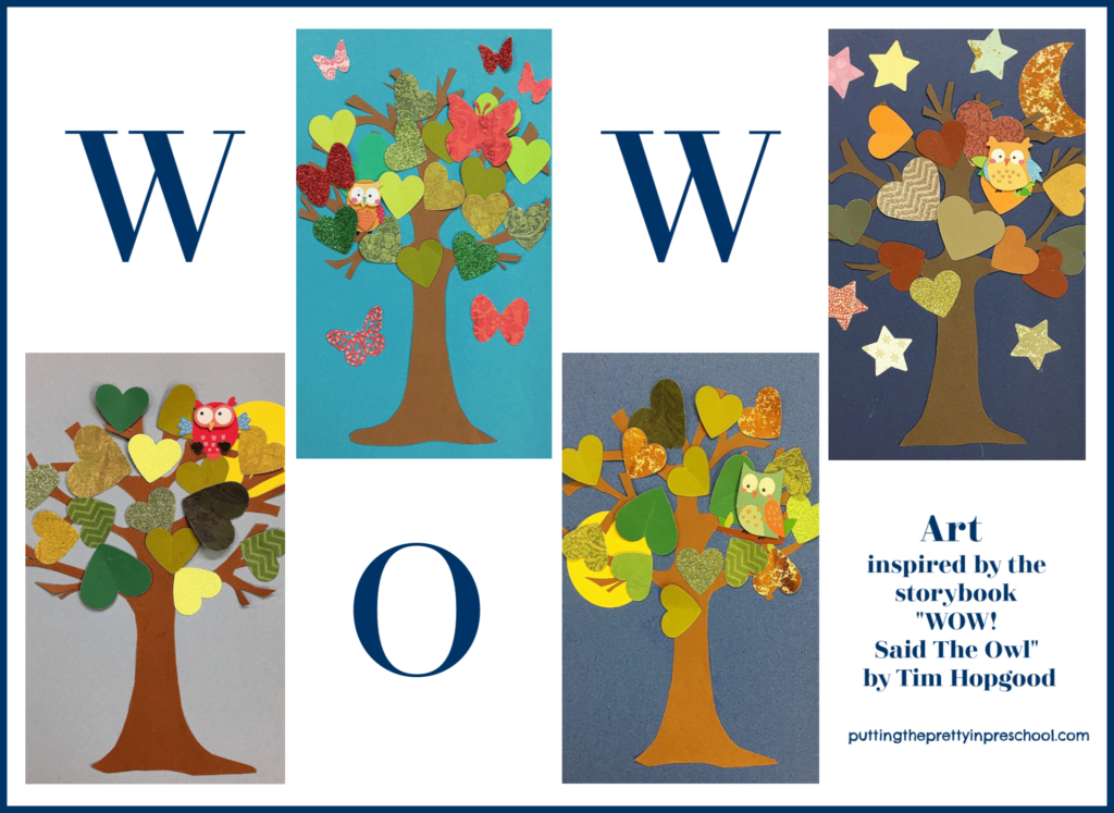 Tree art bulletin board idea inspired by the storybook "Wow! said The Owl" by Tim Hopgood.