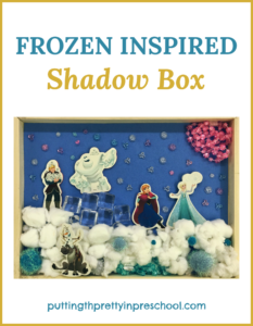 Frozen inspired shadow box. Invitation for children to create a scene with Frozen bathtub stickers and loose parts. An all-ages activity.