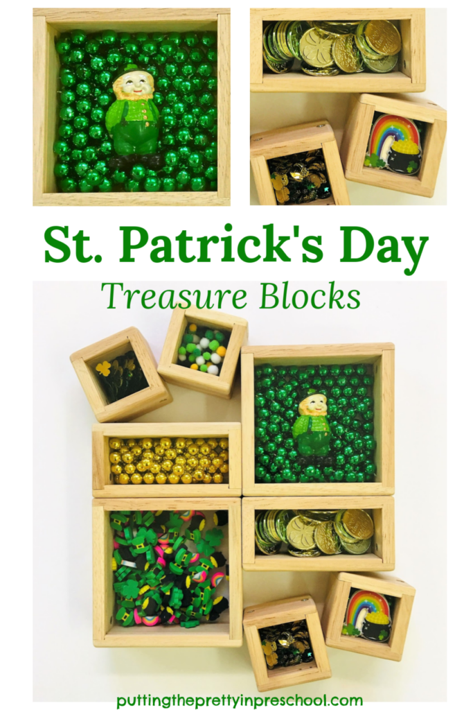 St. Patrick's Day treasure blocks featuring a leprechaun and shamrock themed craft supplies and coins.