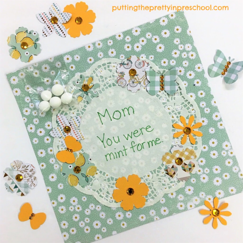 Mother's Day craft featuring mint themed punched paper shapes.