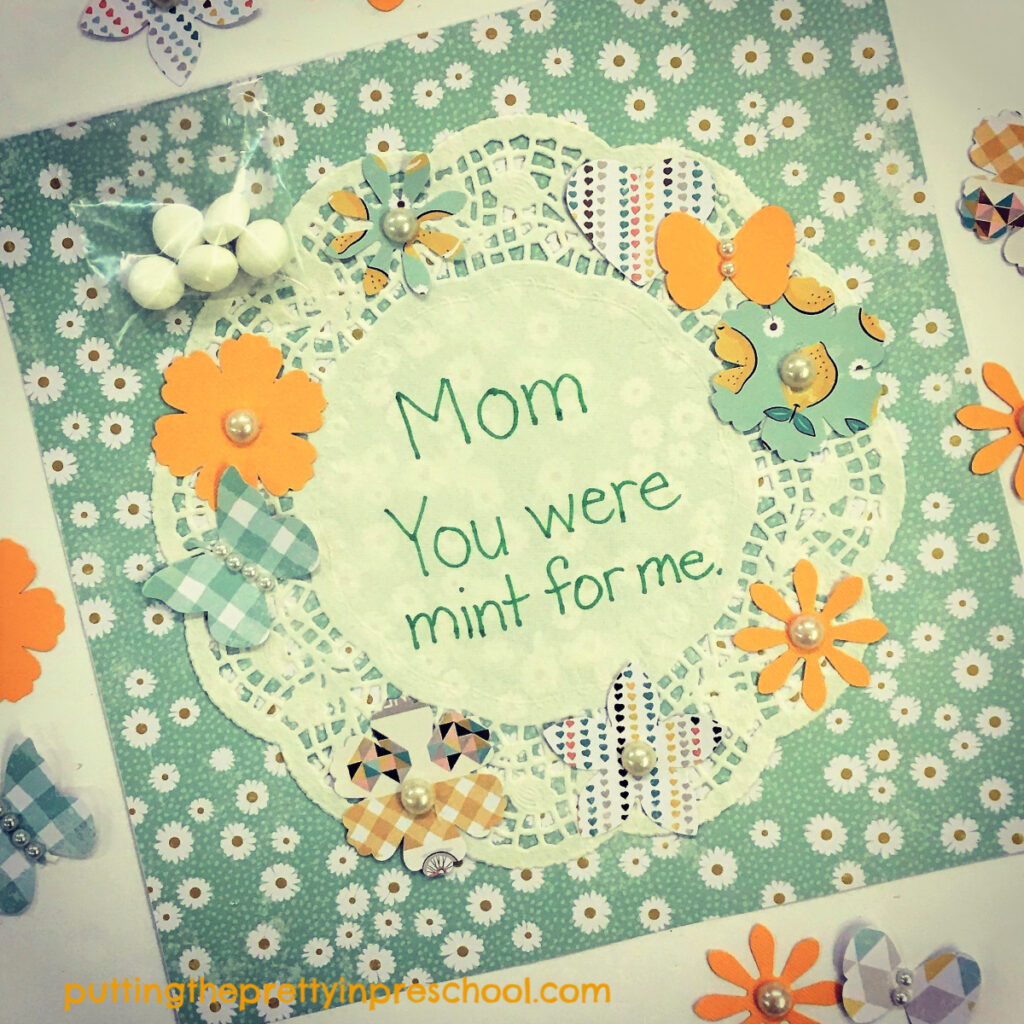 Mother's Day keepsake craft featuring mint themed punched paper shapes. An all-ages project bound to make any mother or grandmother feel special.