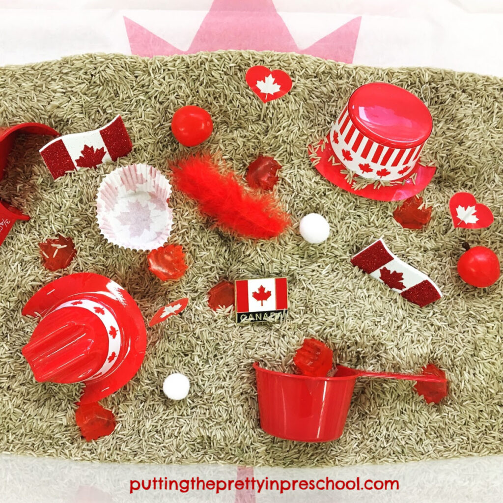 Canada Day rice based sensory bin with red and white items perfect for little hands to explore.