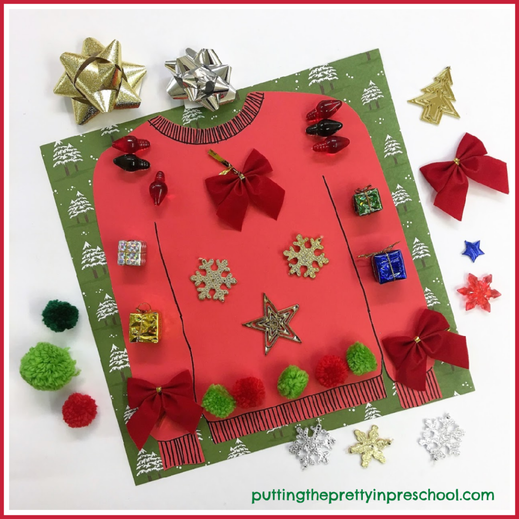 Invitation to decorate a Christmas sweater with festive loose parts.