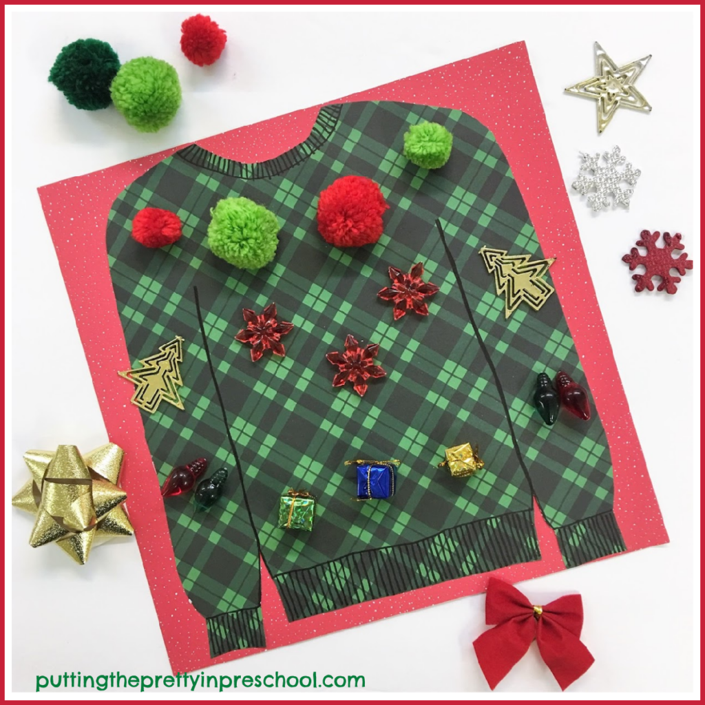 Invitation to decorate a Christmas sweater with festive loose parts.