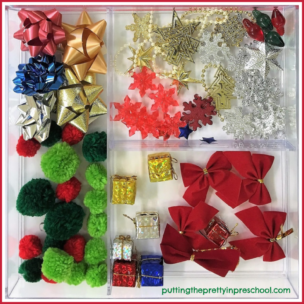 Christmas decoration themed loose parts tray to design a Christmas sweater.