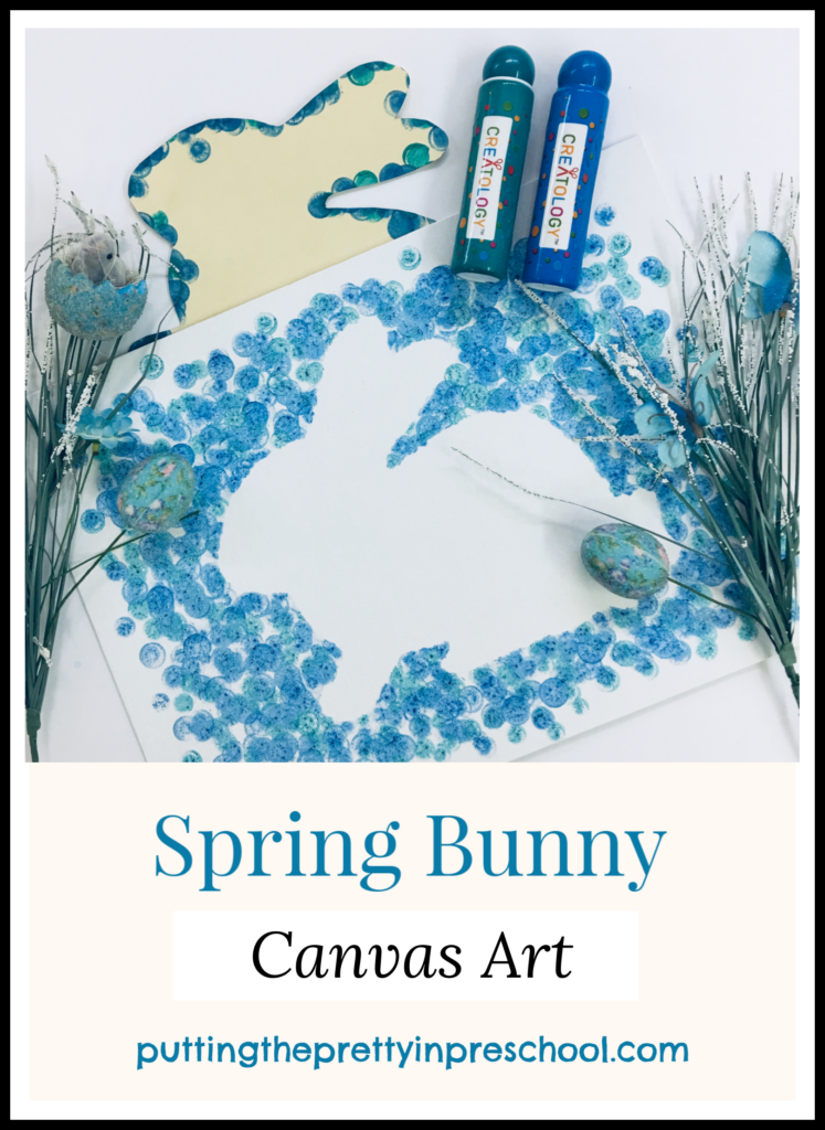 Gorgeous spring bunny canvas art with paint dabber technique. An easy to do all-ages art activity that dries quickly.