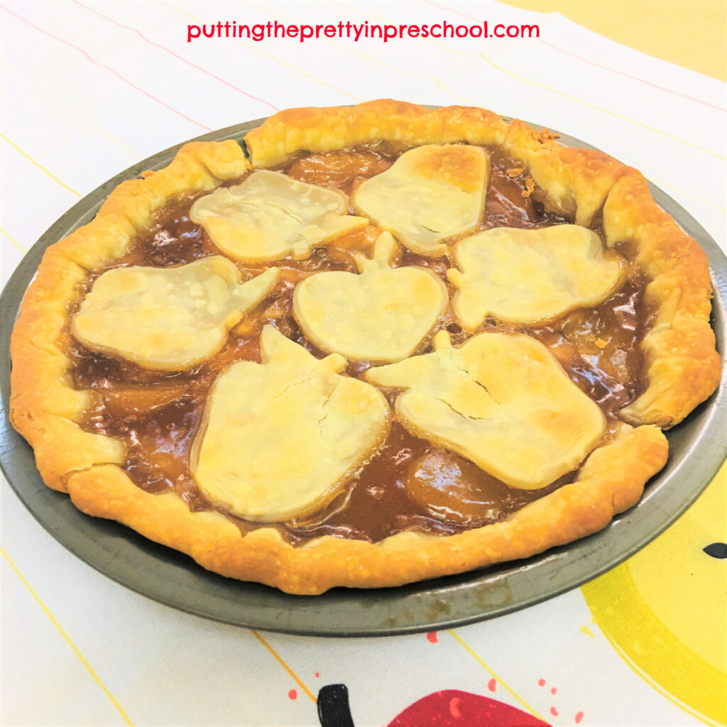 An early learner can easily help make this apple pie. It is made with a premade pie crust and apple pie filling.