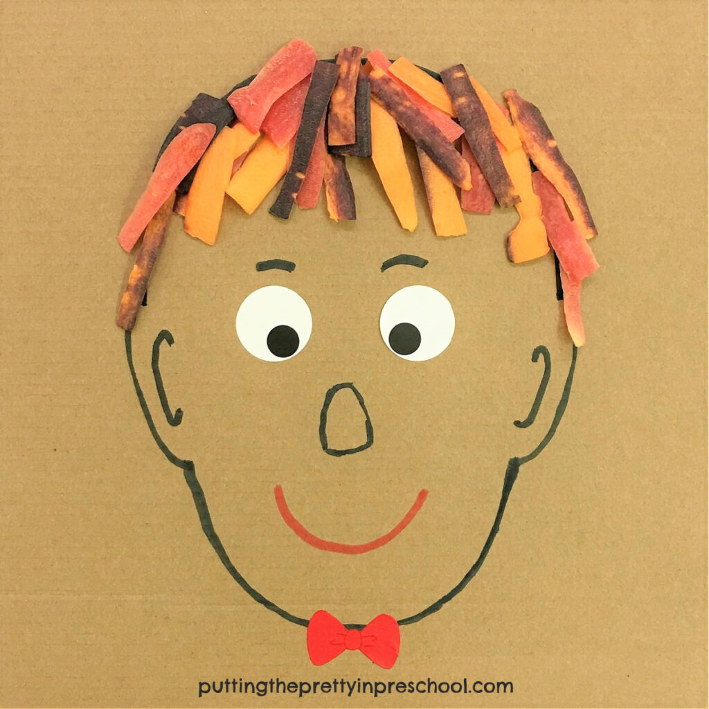 Rainbow carrot hair portrait. An all-ages art activity.