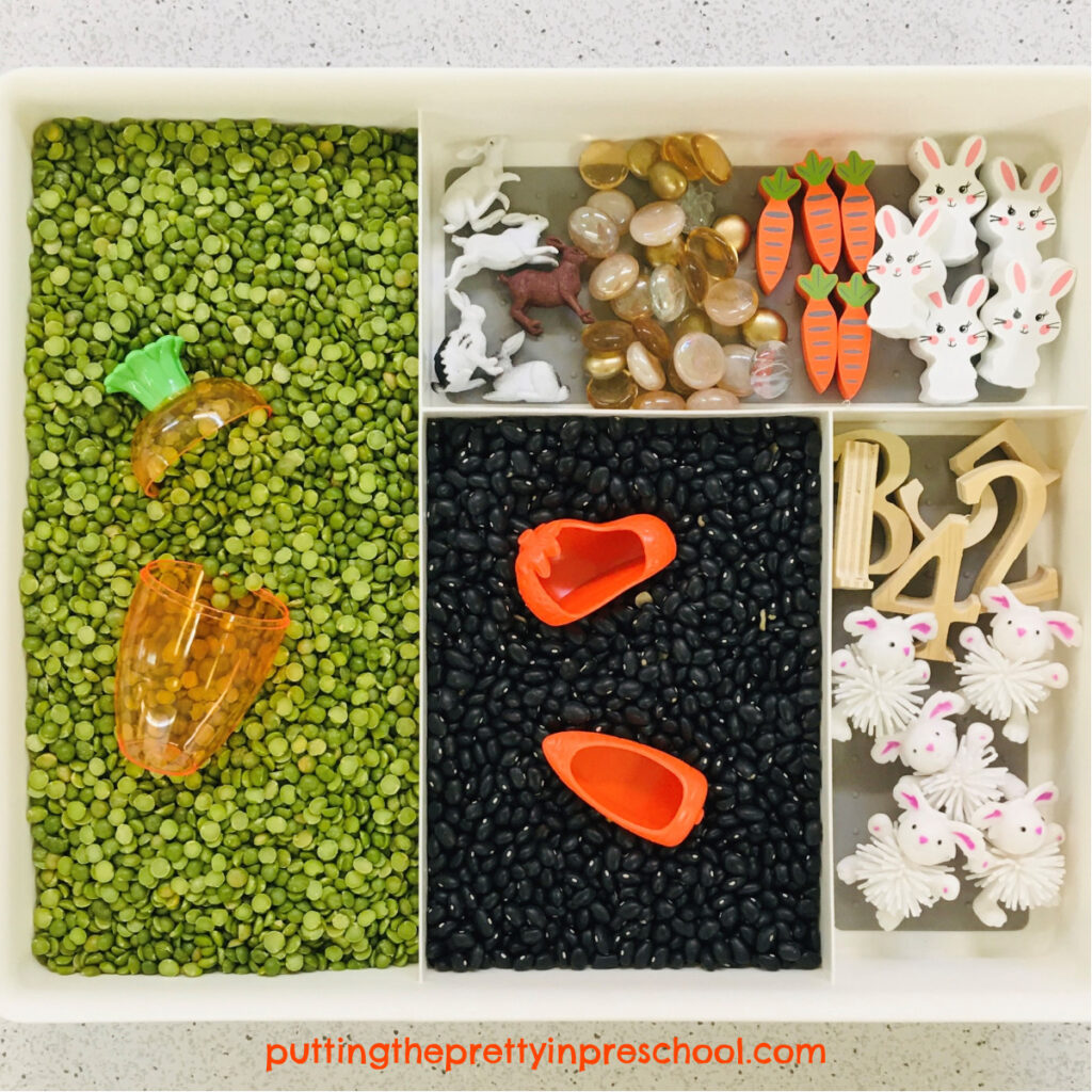 Carrot and bunny-themed sensory tray.