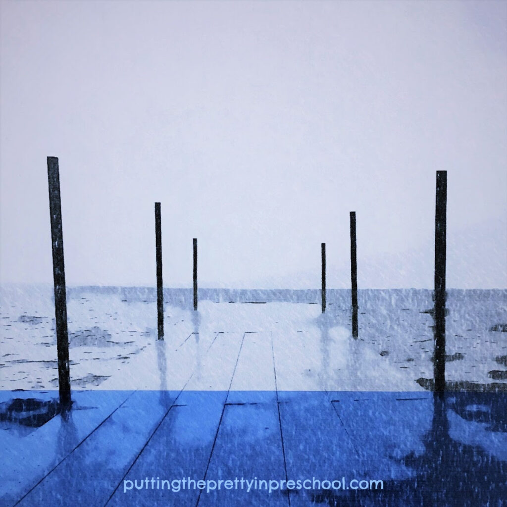 Sketch Art photo of a pier enhanced with a transparent page divider strip.