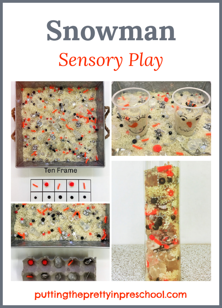 Snowman themed sensory play. Rice bins, sensory tube, and ten frame activities for early learners. Free printable included.