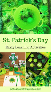 St. Patrick's Day activities for the early childhood classroom. Sensory tray, writing center, and dramatic play center ideas included.