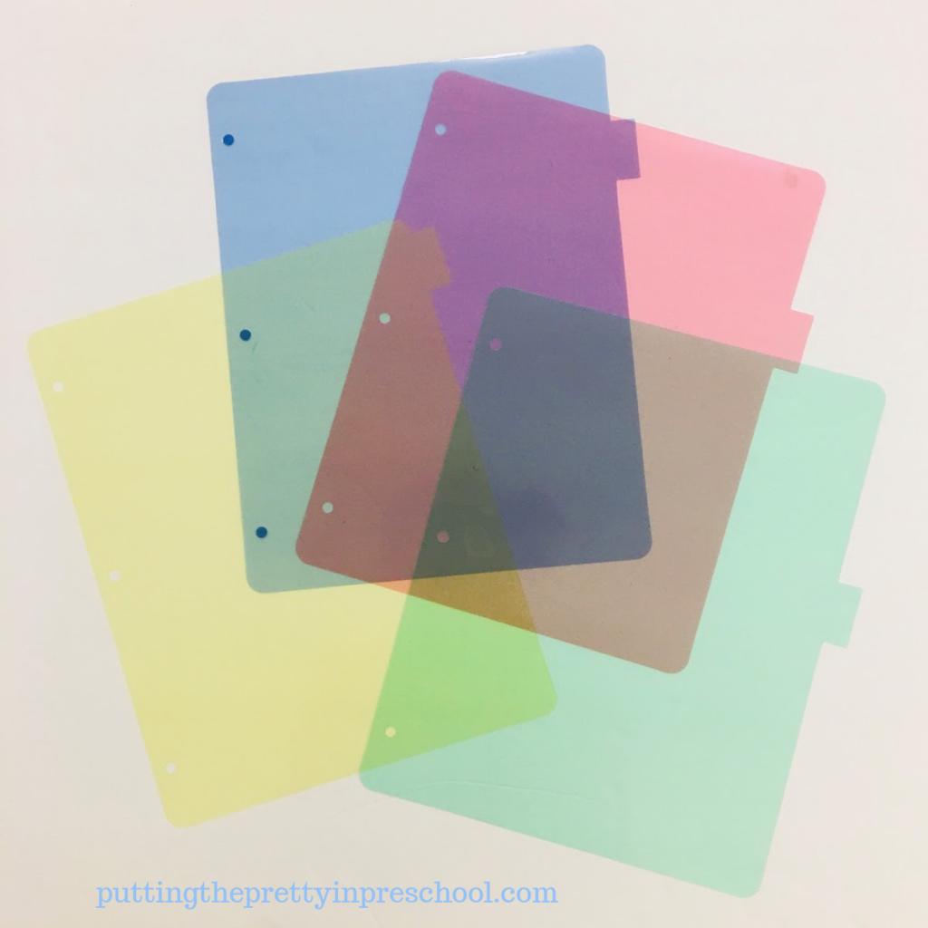 Transparent page dividers used in math, science, art, and photography activities with children.