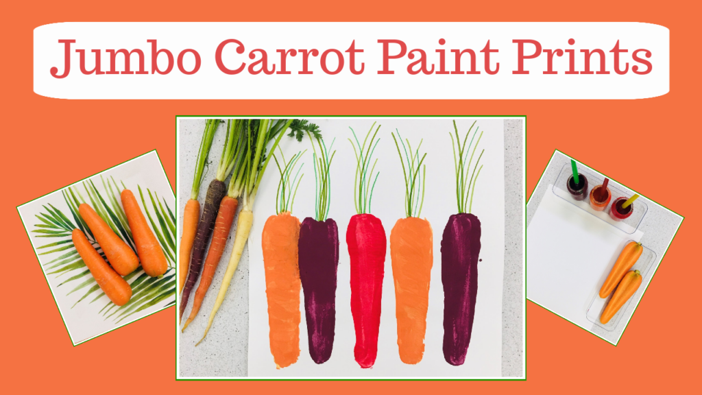 Printmaking with jumbo carrots. The paint colors used are inspired by rainbow carrots. This is an all-ages art activity.