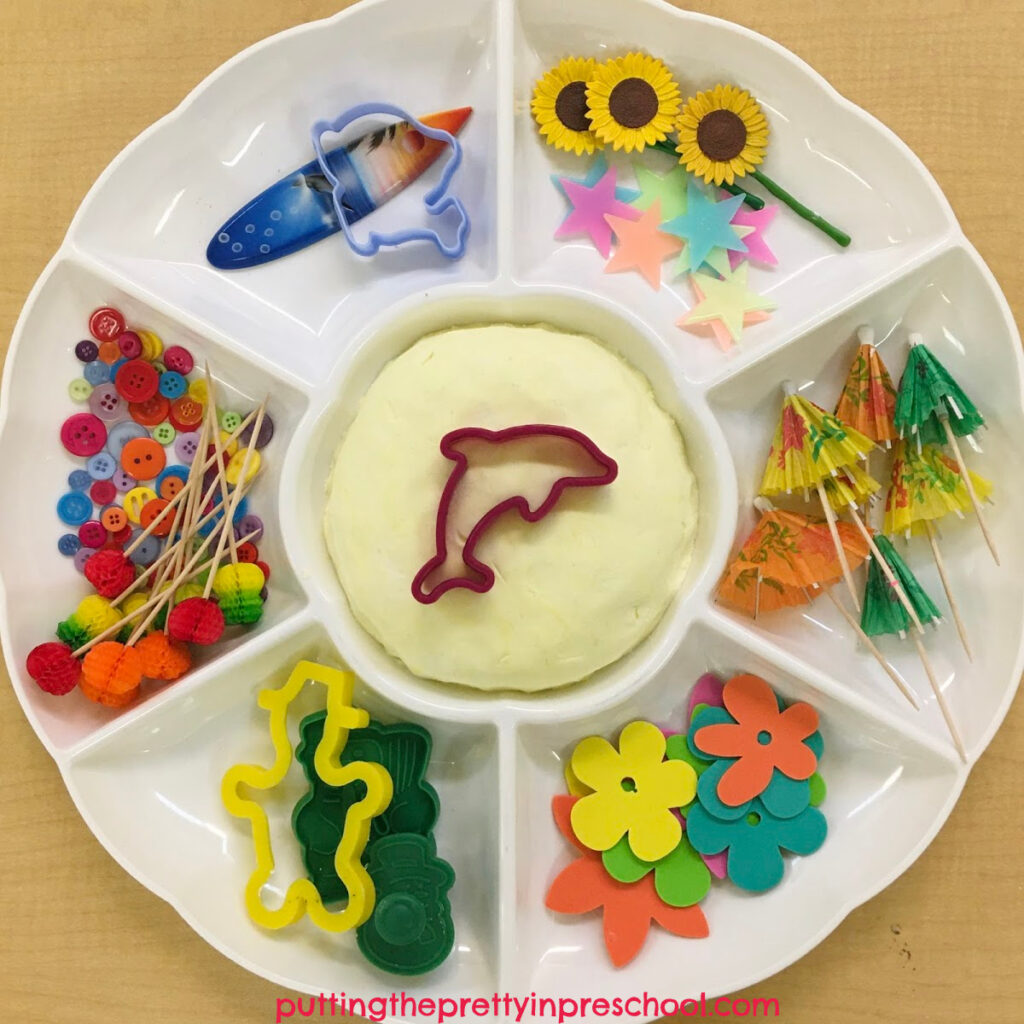 Invitation to explore scented, two-ingredient playdough with tropical-themed accessories.