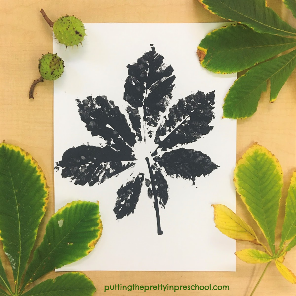 Horse chestnut leaf paint print in a black and white color scheme.