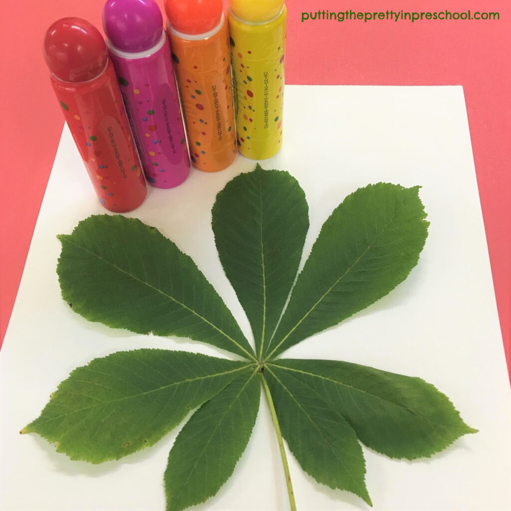 Dot marker art with a horse chestnut leaf.