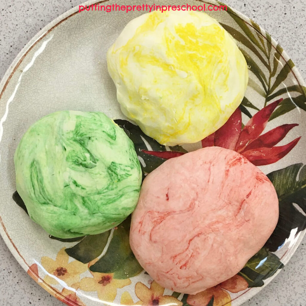 Dreamy, two-ingredient scented playdough in three varieties.