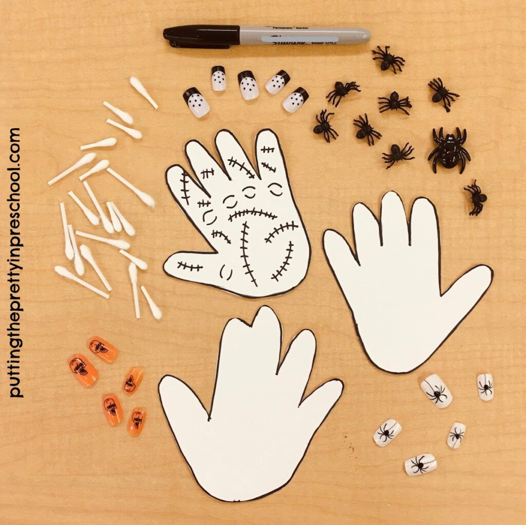 Traced hands and supplies needed to make spider, skull, and skeleton hand-themed crafts.