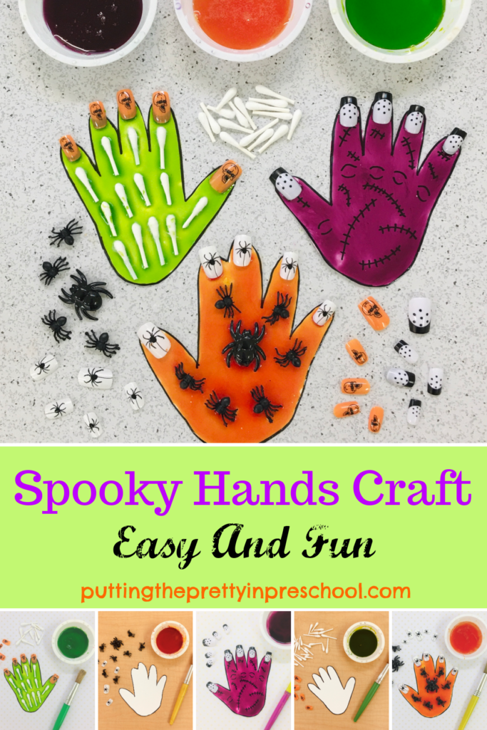 Easy to make spooky hands craft using shiny white corn syrup paint, Q-tips, and nail art. A seasonal, all-ages activity that is sure to stun.